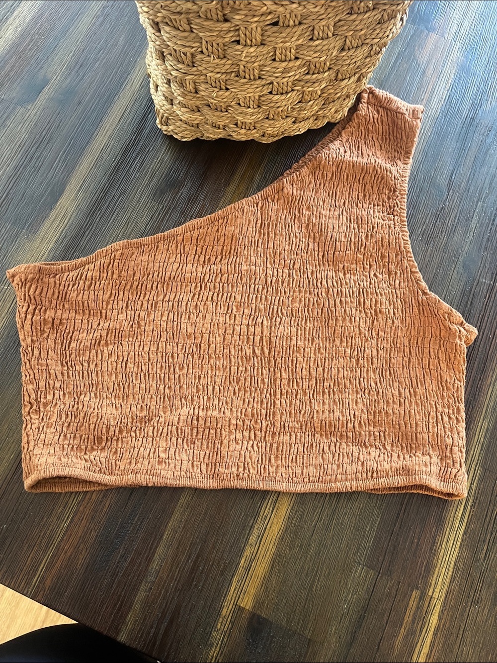 Aakaa One-Shoulder Smocked Crop Top - Terracotta